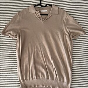 Zara Beige Short Sleeve Quarter Button Shirt